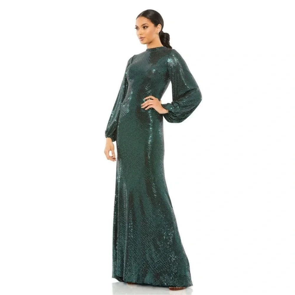 Mac Duggal 26576 Bottle Green Disco Stretch Blouson Sleeve Gown Size 16 NWT